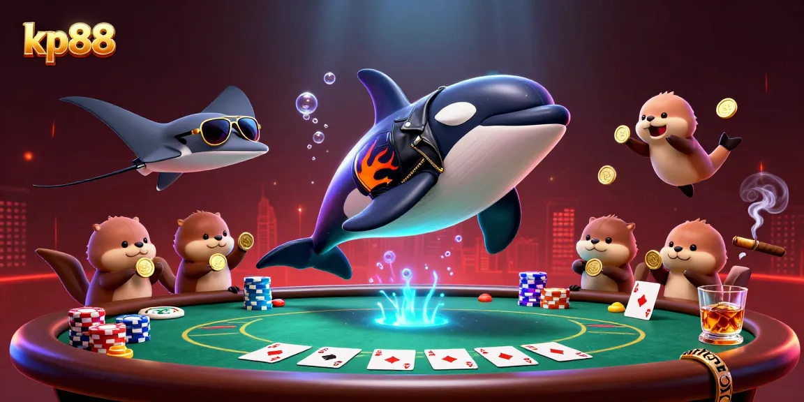 Experience thrilling poker action with kp88 as a cartoon orca whale shines in a vibrant casino scene.