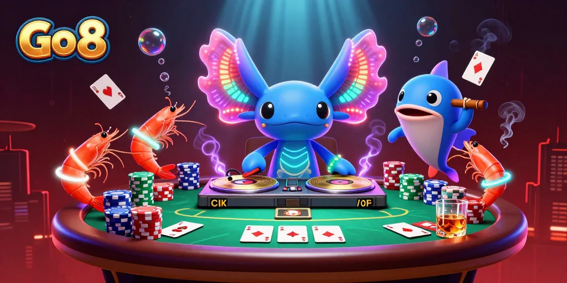 Go 8 axolotl DJ spins records at vibrant casino scene with poker tables and chips.