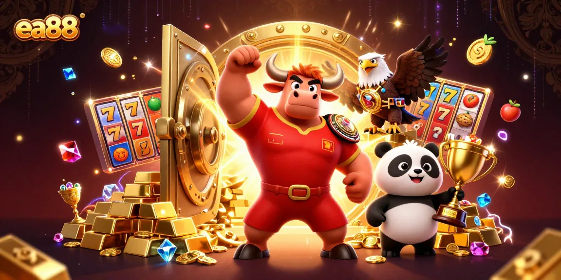 Experience the thrilling world of ea88 with a victorious bull, eagle, and panda amidst dazzling gold treasures.