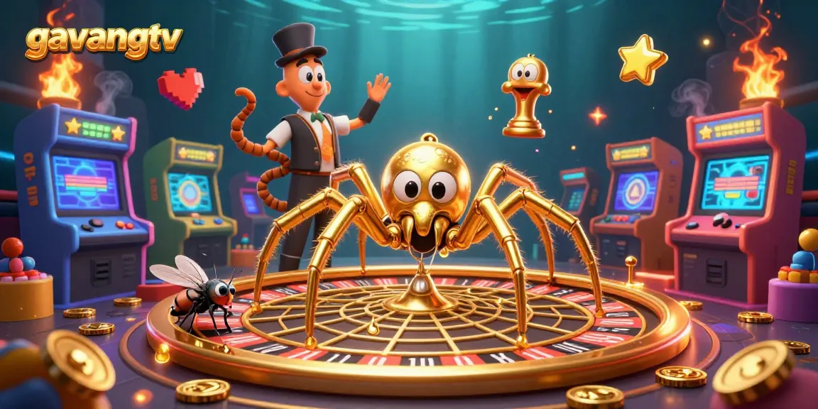 Gavangtv showcases thrilling bets as a golden spider spins a roulette web in a vibrant casino.