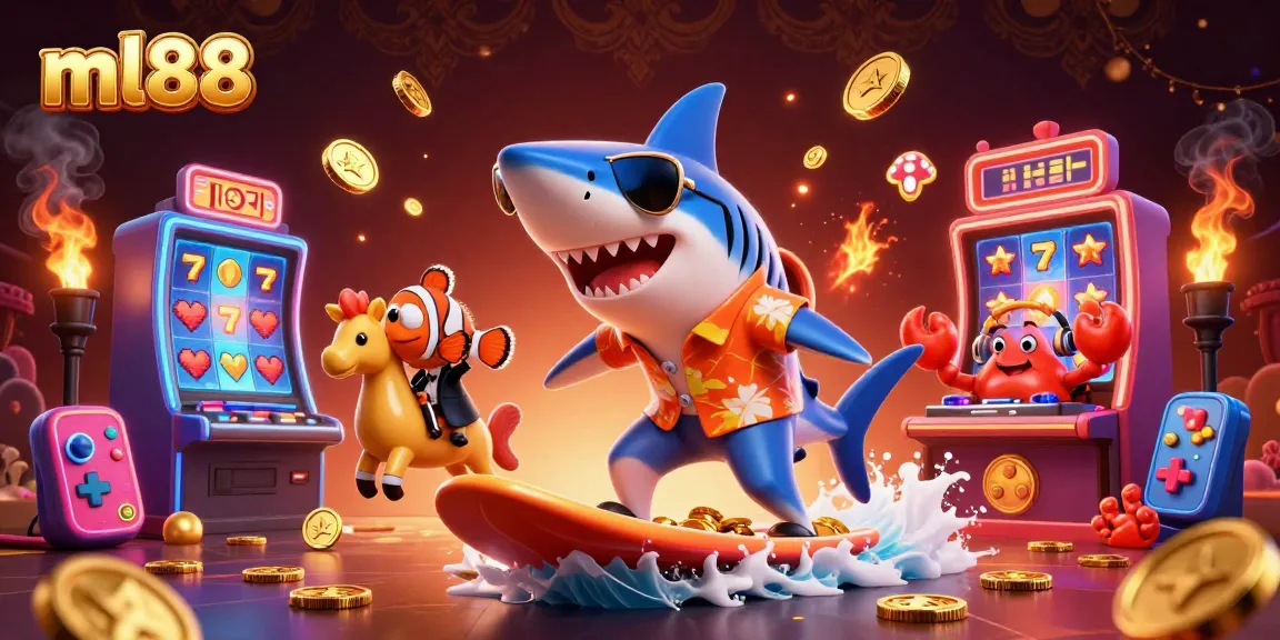 Engage with ml88 as a hammer-head shark surfs on gold coins amid colorful slot machines and vibrant casino elements.